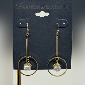 Gold Tone Drop Faux Pearl Dangle Earrings 2.25 inch